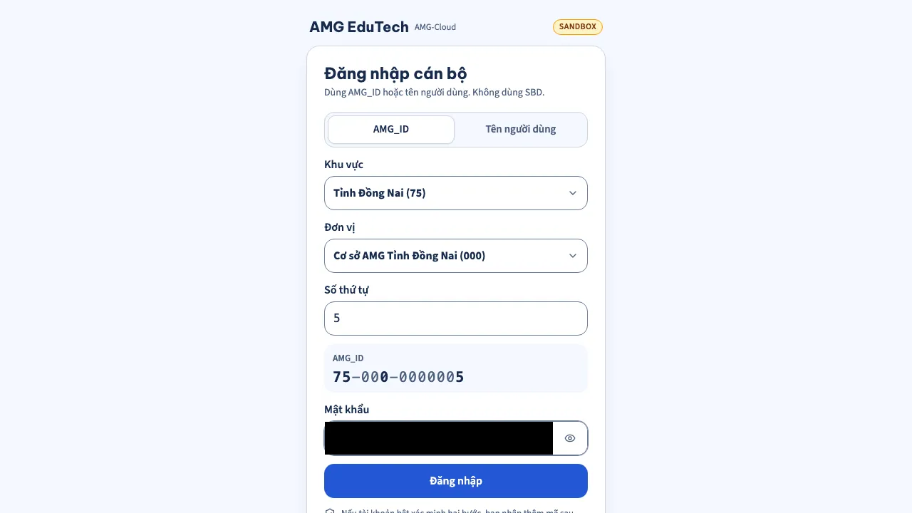 Đã chọn Khu vực, Đơn vị, Số thứ tự của AMG_ID và nhập Mật khẩu.